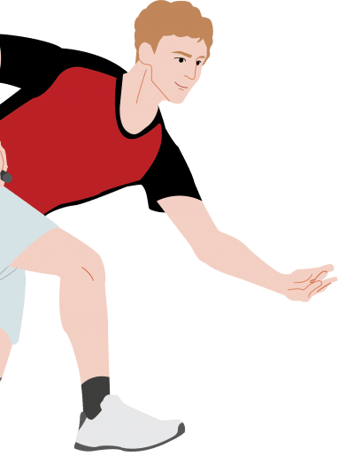 illustration of leg amputee with cane bowling for Bowls Canada PWD campaign