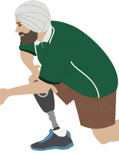 illustration of sikh man with prosthetic leg bowling for Bowls Canada PWD campaign