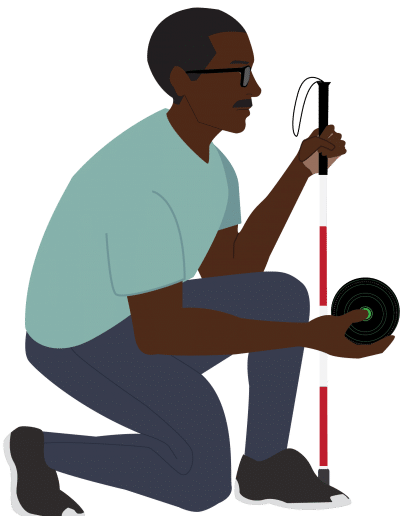 illustration of blind black man with a cane bowling for Bowls Canada PWD campaign