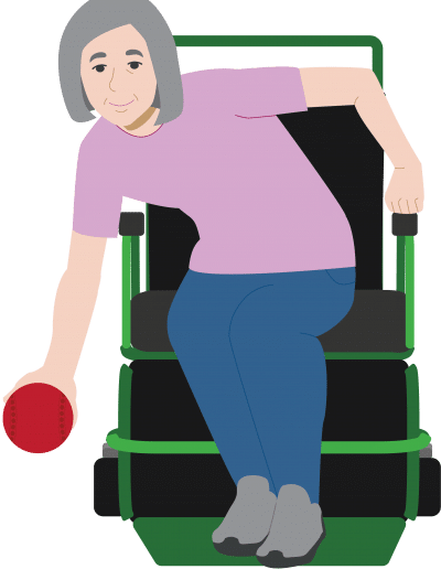 illustration of grandma bowling in a wheelchair for Bowls Canada PWD campaign