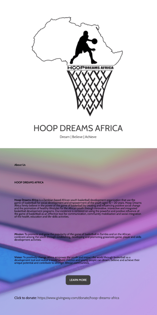 old website design of Hoop Dreams Africa