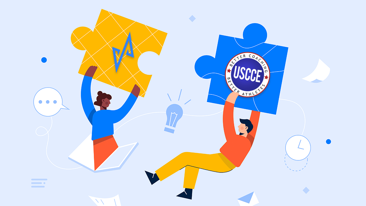 Cartoon of two people holding logos of USCCE and Adrenaline Solutions to signify coaching summit partnership