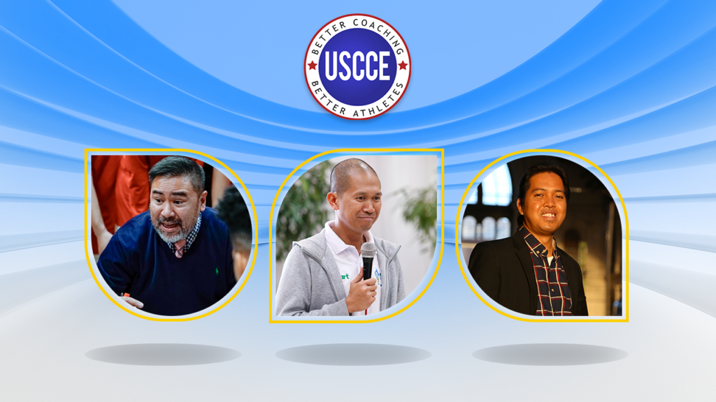 Poster of Coach Noli Ayo, Coach Russell Raypon, and Coach Airnel Abarra in USCCE coach development discussion