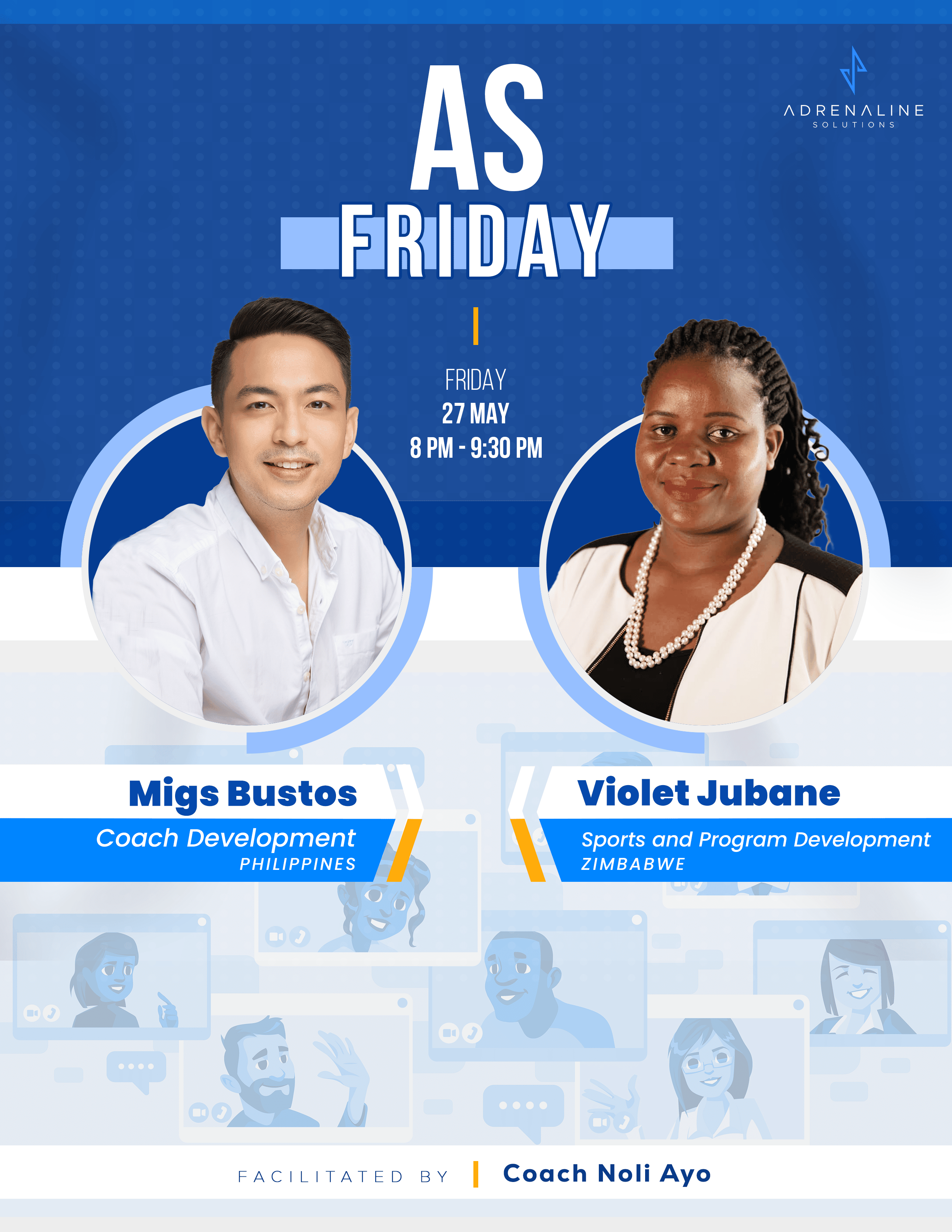 Sports journalist Migs Bustos and sports manager Violet Jubane in AS Friday poster