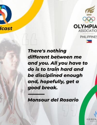 Online sports leadership program podcast art card with Monsour del Rosario OLY